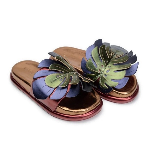 Farm Rio Bronze And Blue Monstera Anatomic Slide Sandal Size 10 - Picture 2 of 14